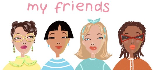 illustration of cute fashionable girls in children's style with the inscription my friends for decoration design 