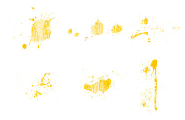 Abstract set of yellow paint brushes. Beautiful splash, blot and drops brushes
