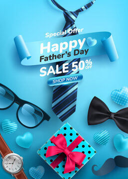 Father's Day Sale poster with flatlay of Glasses,Necktie,Watch and Gifts for dad.Greetings and presents for Father's Day.Promotion and shopping template for love dad concept.Vector illustration eps 10