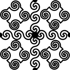 a pattern of geometric shapes of squares, circles, lines, waves, and swirls in black and white on a white background