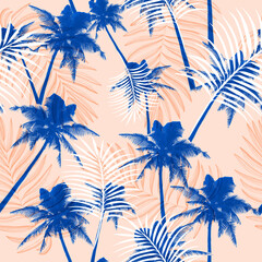Fototapeta na wymiar blue palm trees on pastel orange background seamless pattern, tropical summer beach print.