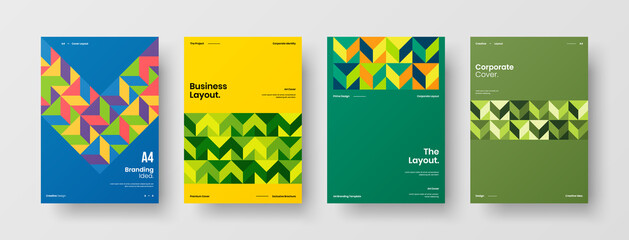 Fototapeta premium Company identity brochure template collection. Business presentation vector A4 vertical orientation front page mock up set. Corporate report cover abstract geometric illustration design layout bundle.