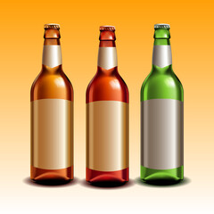 Realistic Green, brown, yellow glass beer bottles with drink isolated on light background. Mock up template for product packing ads. Vector Illustration of colorful beer bottle with empty labels set