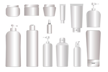 Vector illustration of white cosmetics bottles. Set of empty plastic containers of cream, spray, soap.