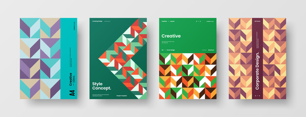 Obraz premium Company identity brochure template collection. Business presentation vector A4 vertical orientation front page mock up set. Corporate report cover abstract geometric illustration design layout bundle.