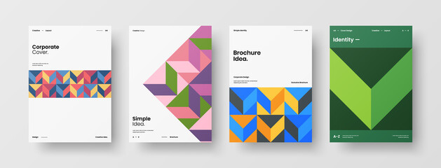 Fototapeta premium Company identity brochure template collection. Business presentation vector A4 vertical orientation front page mock up set. Corporate report cover abstract geometric illustration design layout bundle.