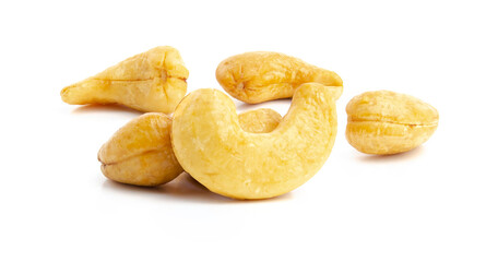 macro or close up group side view of Roasted cashew nut isolated on white background