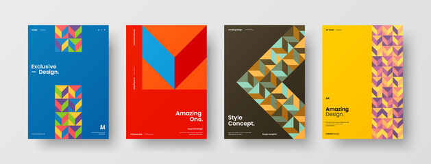 Fototapeta premium Company identity brochure template collection. Business presentation vector A4 vertical orientation front page mock up set. Corporate report cover abstract geometric illustration design layout bundle.