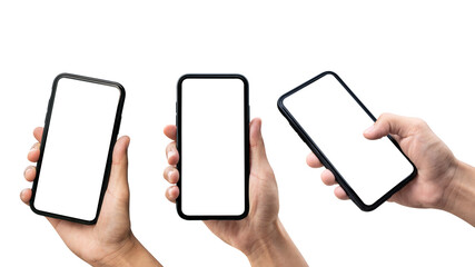 Set of Hand holding smartphone isolated on white background.