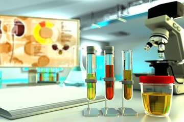 laboratory test-tubes in microbiology facility - urine quality test for leukocyte esterase or cystine, medical 3D illustration