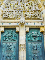 Door of famous historic St. Vitus cathedral in prague czech republic situated in Prague castle courtyard