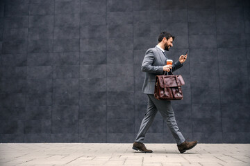 Young attractive bearded businessman walking on the street in the morning, reading message on smart phone and going to work.