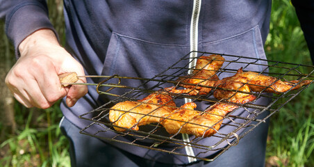 grill with barbecue wings. The concept of picnic and rest.