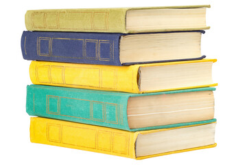 A stack of hardcover books and textbooks isolated on a white background.