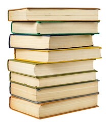 Stack of hardcover books isolated on white background.