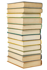 Stack of hardcover books isolated on white background.
