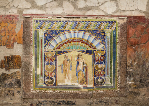 Wall mosaic of Neptune and Amphitrite in Ercolano (Herculaneum), Italy. Herculaneum was buried in the eruption of Mount Vesuvius in AD 79 and is now a UNESCO World Heritage Site.