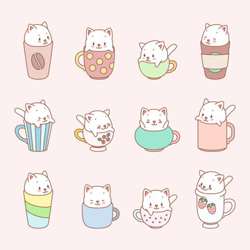 Kawaii set of little kittens. Illustration of a cute white kittens sitting in the cups. Vector 8 EPS.