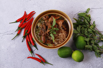 Close up shot of Thailand traditional noodle beef . food thai style.