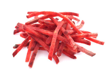 Red beet cutted into stripes closed up isolated on white