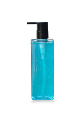Alcohol gel in a blue bottle with a white background