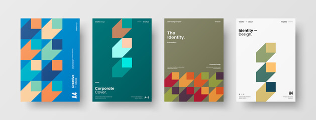 Naklejka premium Company identity brochure template collection. Business presentation vector A4 vertical orientation front page mock up set. Corporate report cover abstract geometric illustration design layout bundle.