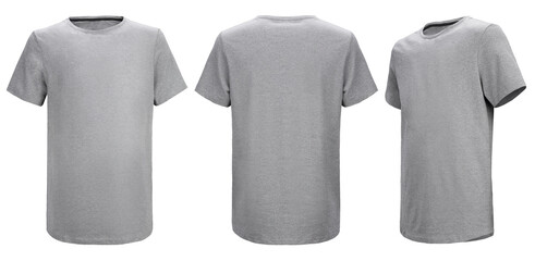 Shirt design and people concept - close up of blank grey t-shirt front and rear isolated. Mock up...