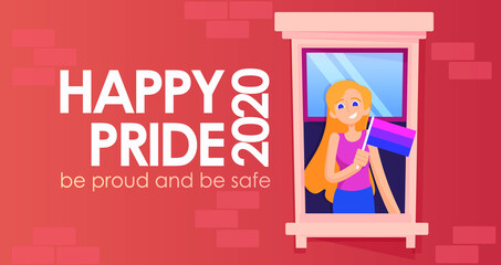 Bisexual woman peepsing out of the window and holding bisexual-flag. Happy pride 2020, be proud and be safe vector, flat illustration, banner, card