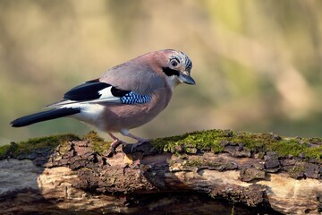 Eurasian jay ,,Garrulus glandarius,, in Danube wetland forest in spring sunny day, Slovakia, Europe