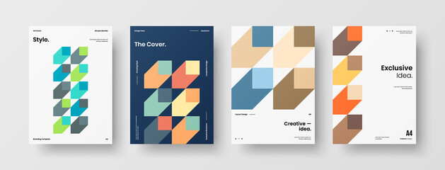 Fototapeta premium Company identity brochure template collection. Business presentation vector A4 vertical orientation front page mock up set. Corporate report cover abstract geometric illustration design layout bundle.