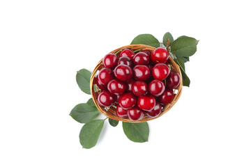 Sweet cherries in basket with leafs on white background