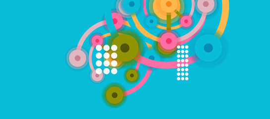 Flat style geometric abstract background, round dots or circle connections on color background. Technology network concept.
