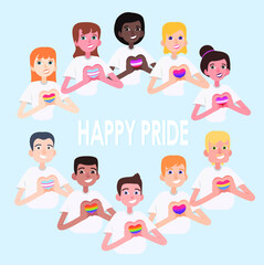LGBTQ+ people making heart with his hands into heart lgbt flags. Flat vector happy pride illustration, poster, banner, card, set, pack