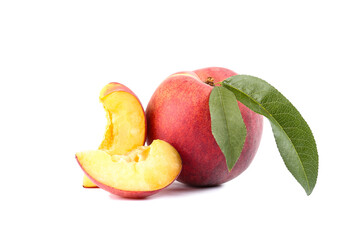 Fototapeta na wymiar Fresh peach with green leaf isolated on white background