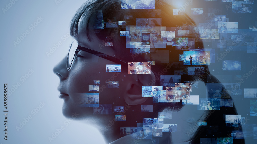 Poster AI (Artificial Intelligence) concept. Contents concept. Social networking service. Streaming video. communication network.