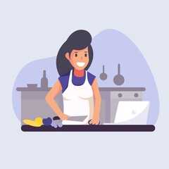 housewife or mom learning to cook via internet. Cartoon cook chef illustration. Professions job, vector character restaurant staff flat design,for website, poster, pamphlet or any design