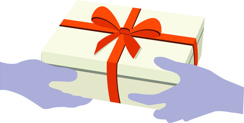Two hands giving a gift, a box, at the top with a bow. Drawing in a flat style. Vector graphics
