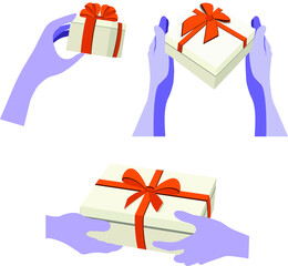 a set of images of hands giving gifts, boxes with orange bows. Vector graphics