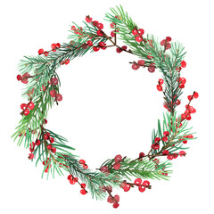 Fototapeta premium Christmas wreath. Ornaments from the branches painted with watercolors on white background. Branches of trees. 