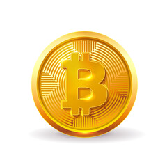 Golden bitcoin coin. Crypto currency golden coin bitcoin symbol isolated on white background. Realistic vector illustration. EPS 10