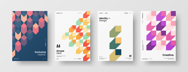 Obraz premium Company identity brochure template collection. Business presentation vector A4 vertical orientation front page mock up set. Corporate report cover abstract geometric illustration design layout bundle.