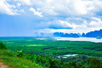 Mountain view, landscape of the island in the sea while the rain is coming