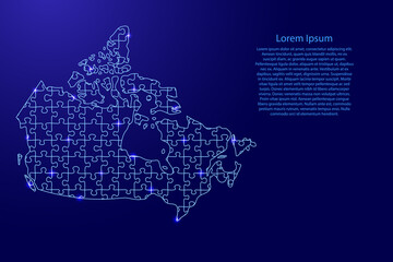 Canada map from blue pattern composed puzzles and glowing space stars. Vector illustration.