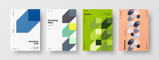 Naklejka premium Company identity brochure template collection. Business presentation vector A4 vertical orientation front page mock up set. Corporate report cover abstract geometric illustration design layout bundle.