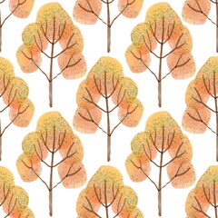 Watercolor autumn yellow trees seamless pattern on white