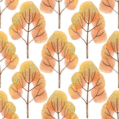 Fototapeta premium Watercolor autumn yellow trees seamless pattern on white