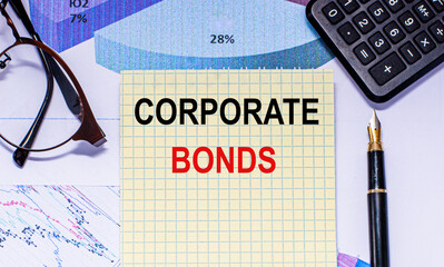 Business Words on notepad, business tex Corporate bonds, glasses, calculator, pen.