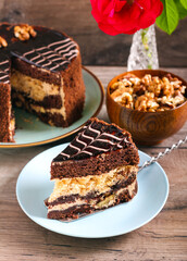 Chocolate and nut cake, sliced