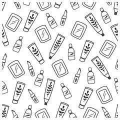 Organic cosmetic seamless doodle pattern. Cartoon make up background with lipstick, mirror, creame. Black and white cosmetics and makeup seamless pattern in line art style. Vector.