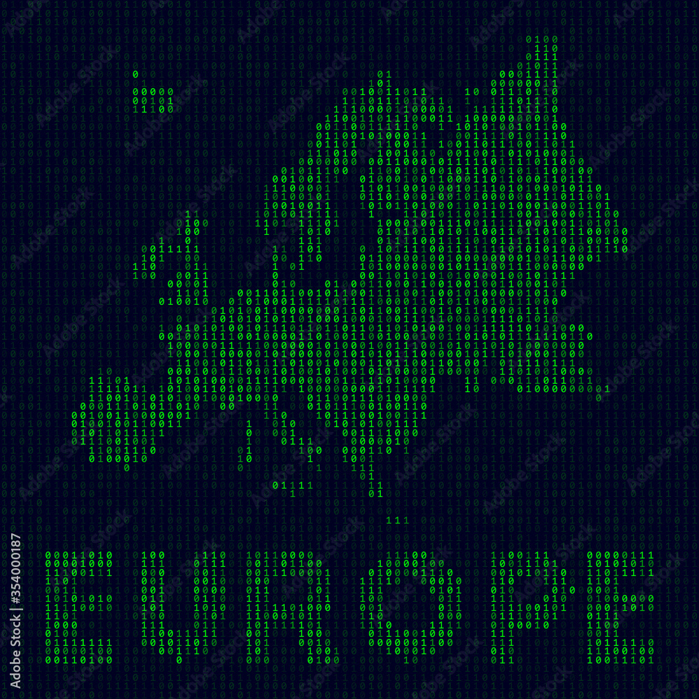 Poster digital europe logo. continent symbol in hacker style. binary code map of europe with continent name